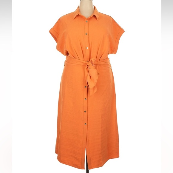 Worthington Belted Midi Shirt Dress Plus Size XXL Orange Coastal Career NWT - Picture 2 of 6